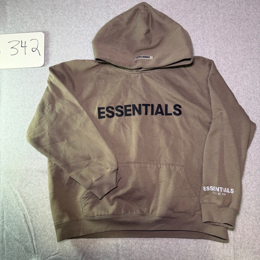 Fear of God Essentials Mens Logo Hoodie Taupe Brown Cotton Pullover 342